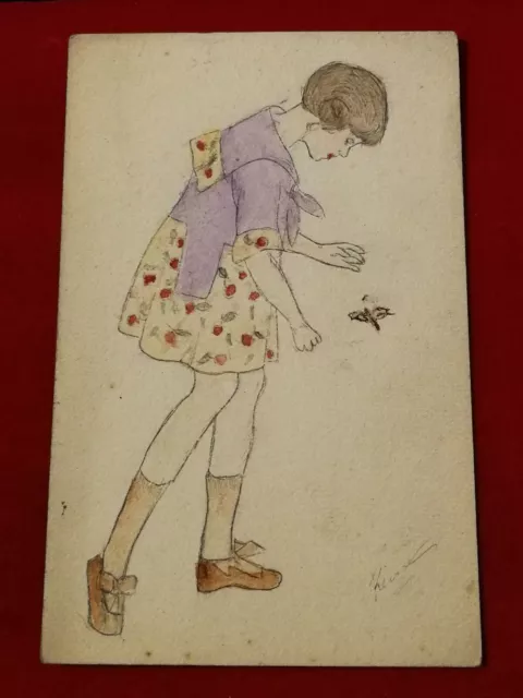 CPA Dessins main levée - Jeune Fille au Papillon - Illustrateur REINE