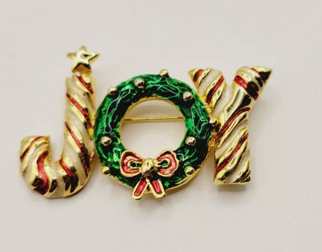 Christmas Wreath Brooch Pin JOY Enamel Gold Tone Holiday #136