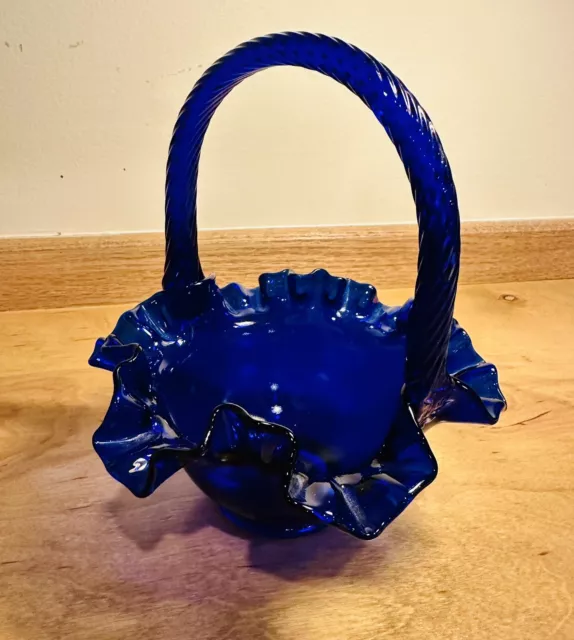 Gorgeous Vintage Cobalt Blue Fenton Ruffled Basket - EUC!!!