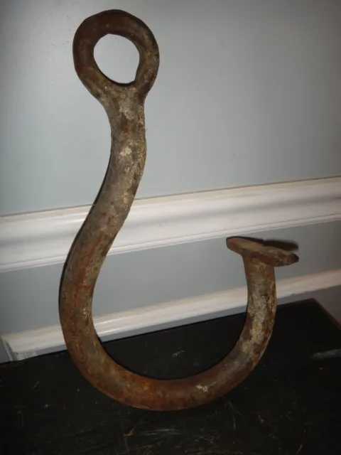 X Large Primitive Antique Forged Wrought Iron Farm Barn Hook Rare Flat Tie Tip