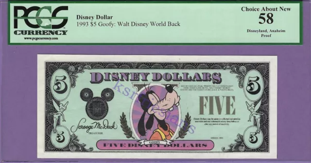 1993 $5 Goofy DISNEY DOLLAR PROOF PCGS 58  Choice About New EXTREMELY SCARCE