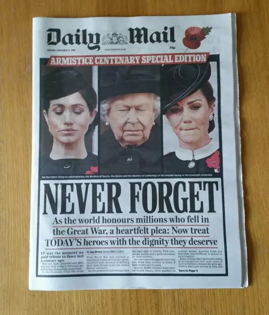 Daily Mail Newspaper 12th Nov 2018 - 100th Anniv of Armistice Day (WWI)