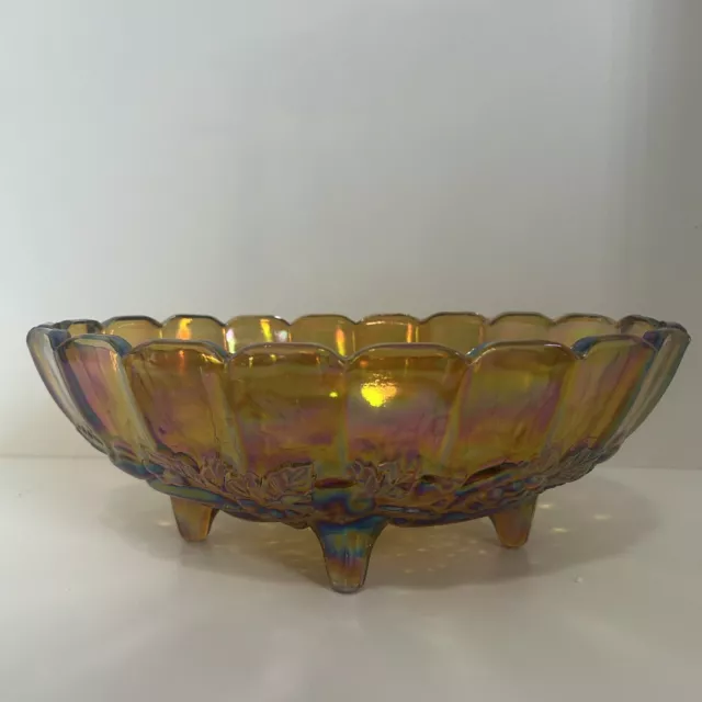 Vintage Indiana Carnival Glass Harvest Grape Iridescent Amber Oval Footed Bowl