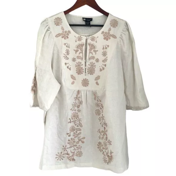 Carole Little 100% Linen Tunic Blouse Size 3X Embroidered Cream Floral