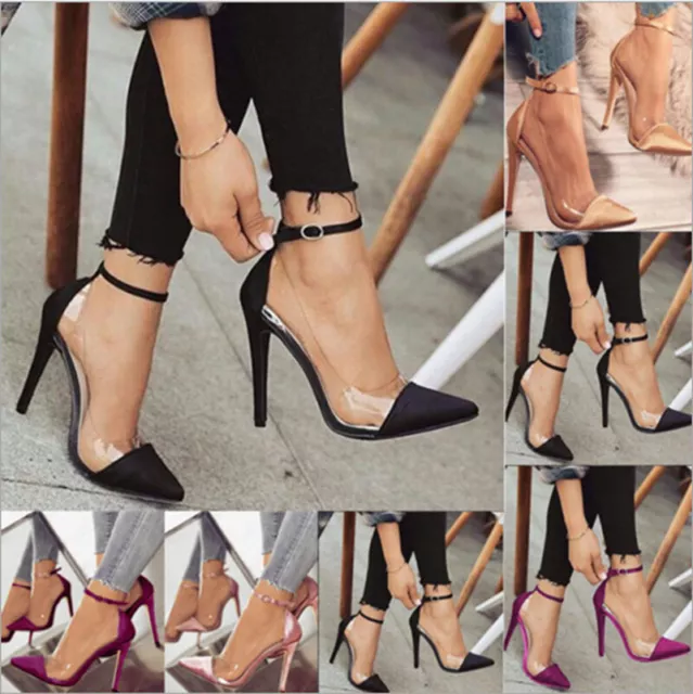 Womens PVC Stiletto High Heels Pointed Toe Party Ankle Strap Sandals Pumps Shoes