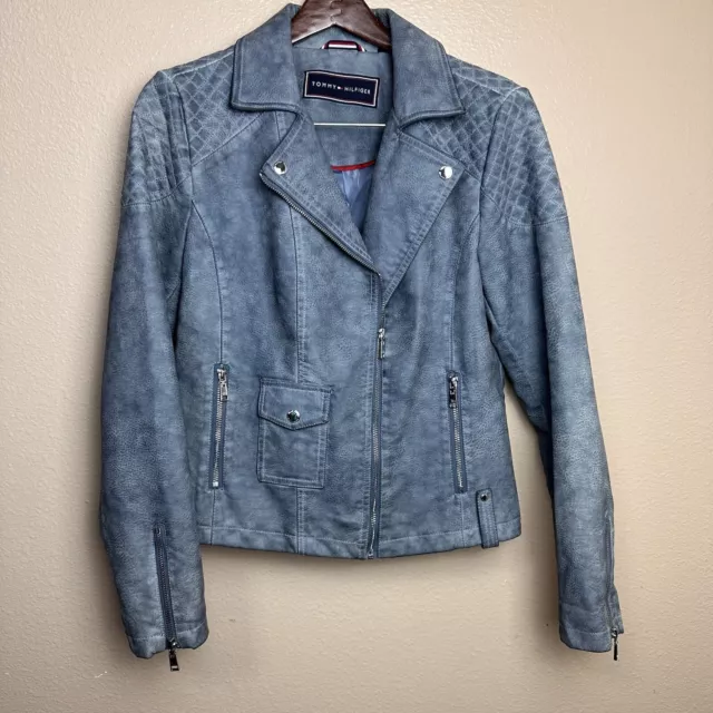 Tommy Hilfiger Blue Faux Leather Moto Jacket Woman Size Large Quilted Zippered