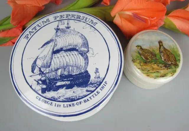 Vintage Relish Pate Pots & Lids Elsenham Patum Peperium Battle Ship & Game Birds