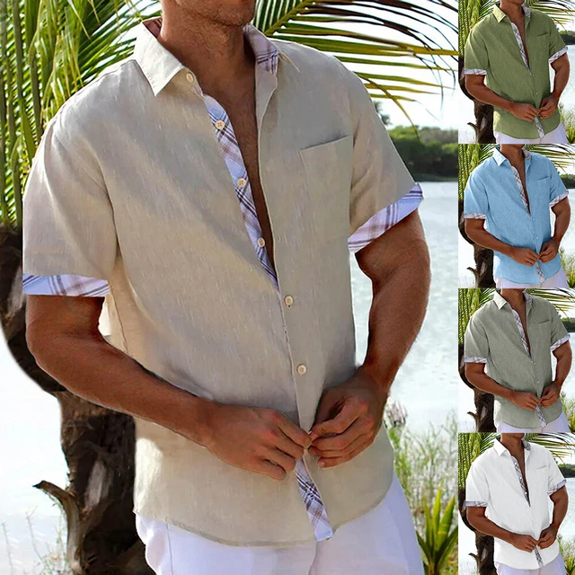 Mens Casual Short Sleeve Turn Down Collar T-shirts Button Patchwork Blouses Tops