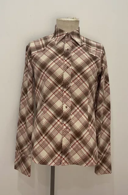 1970s Men’s Brown Red Beige Check Western Style Shirt Vintage 40 medium