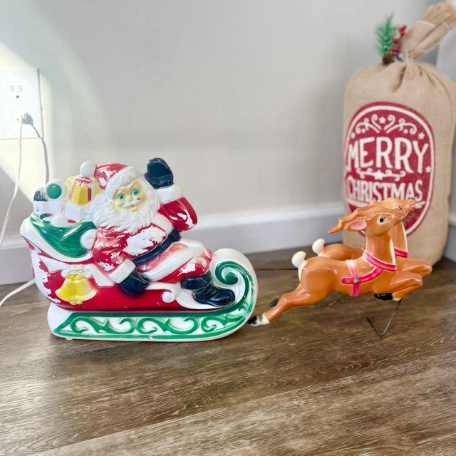 VINTAGE 1970 EMPIRE Santa's Sleigh and 2 Reindeer Lighted Blow Mold ...
