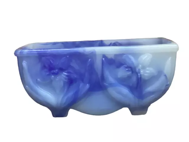 Vintage AKRO AGATE Blue White Slag Glass Lily Daffodil Planter  5.5”