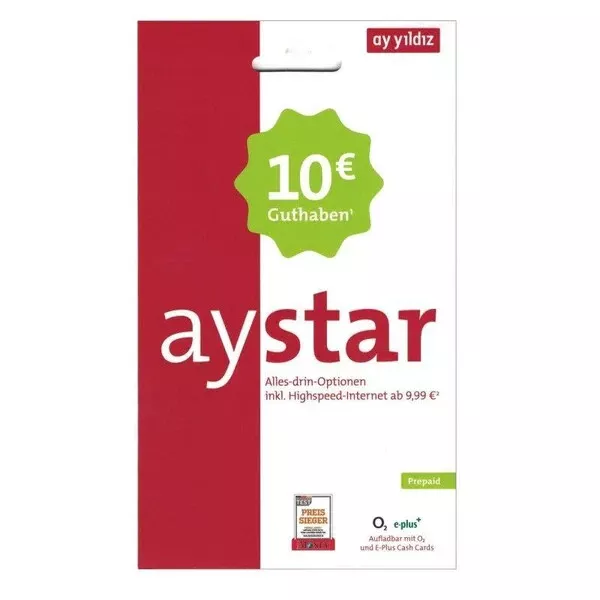 Aystar Prepaid SIM Karte mit 10 € Guthaben NEU | O2 Netz | 7,49 € Ay Yildiz