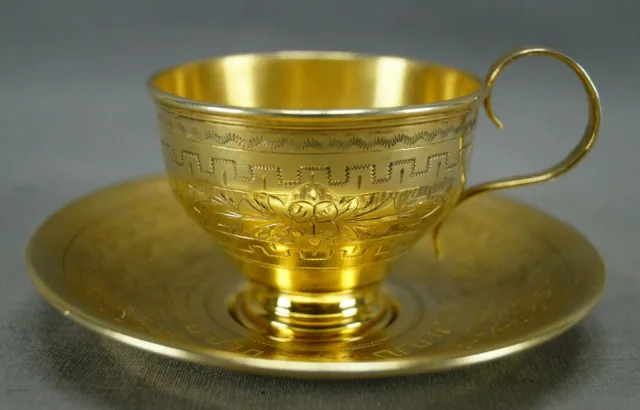 Pyotr Abrosimov Moscow Russian Gold Washed Silver Demitasse Cup & Saucer C.1887