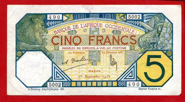 ( Ref:A.500 ) BANQUE DE L'AFRIQUE OCCIDENTALE 5 FRANCS DAKAR 1/09/1932  (TTB+)