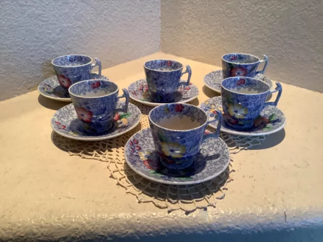 6 Antique Wild Flower blue Copeland Spode, England, demitasse cups and saucers