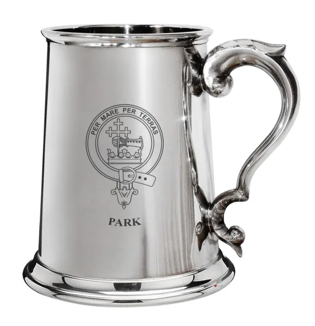 Park Family Crest Polished Pewter 1 Pint Tankard with Scroll handle