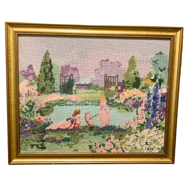 Vintage Needlepoint Cross-Stitch Crewel Victorian Garden Large Handmade Framed