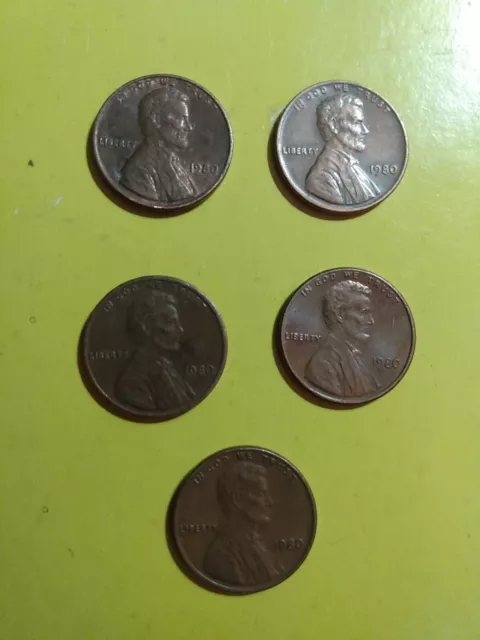 Lot Of (5)-1980 Lincoln Penny, NO mint mark.  Rare coin.