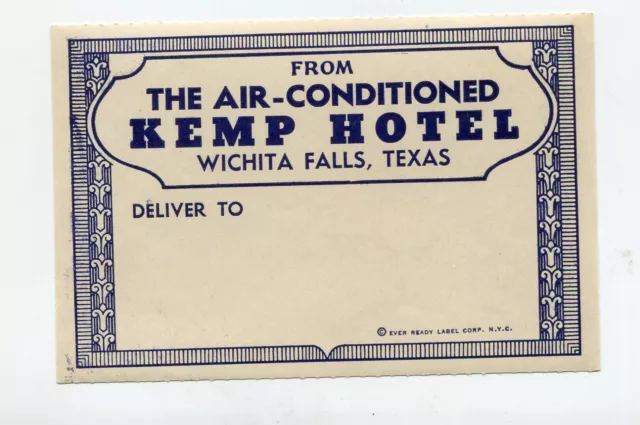 Vintage Hotel Address Mailing Label KEMP HOTEL Wichita Falls TX