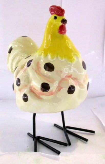 Small Ceramic Hen Figurine Statute 5.5" Tall Chicken Decor Metal Legs