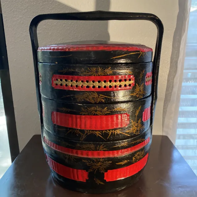 Vtg Chinese Peranakan 3 Tier Wedding Basket Handpainted Black Lacquer Red Bamboo