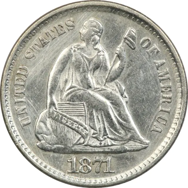 1871 Seated Liberty Half Dime H10C, About Uncirculated AU, Cleaned