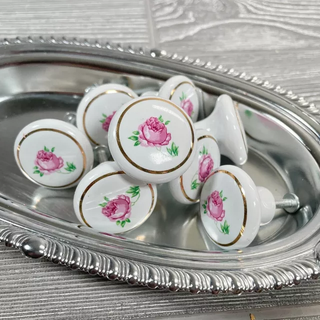 8 Vintage Amerock Allison Porcelain Pink Floral Cabinet Drawer Handle Pull Knobs