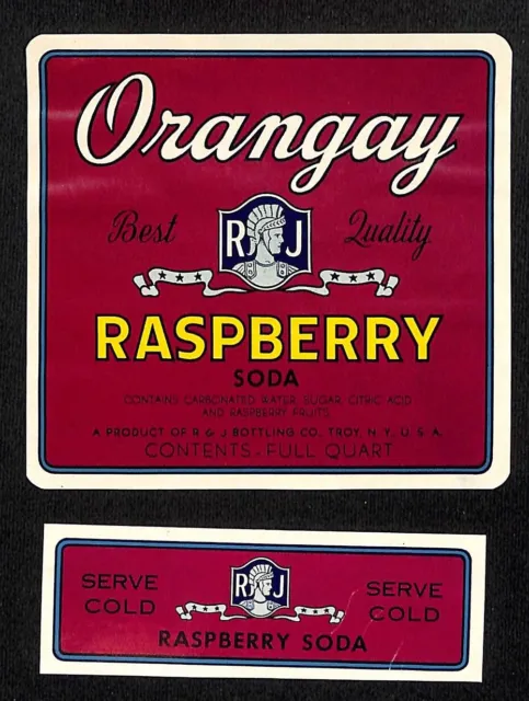 Orangay Raspberry Soda R&J Bottling Paper Soda Label Set c1940's Scarce VGC