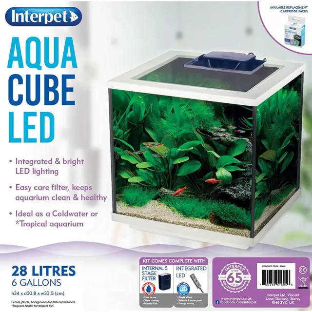 Interpet Aqua Cube 28L Aquarium LED Lighting Filter White Nano Small Fish Tank 3