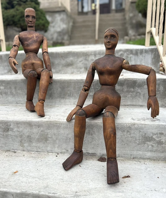 32” Rare Pair 19th Century Carved Wood Articulated Artists Figure  Model, France