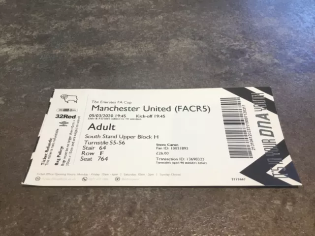 Derby County v Manchester United 5 March 2020 Match Ticket