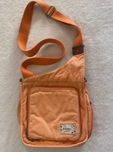 Fossil Orange Canvas Purse Crossbody Bag Adjustable Strap Hippie Boho Summer