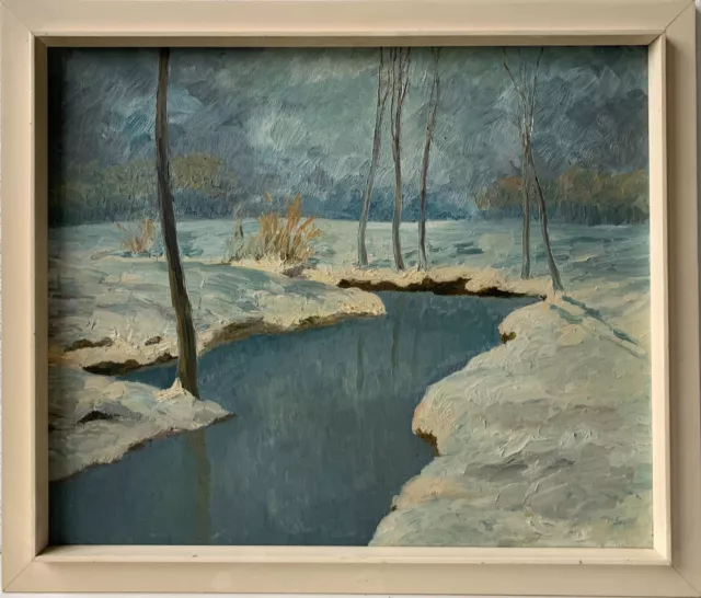 Ölbild Impressionniste Verschneite Paysage Hivernal Avec Rivière Monogrammé