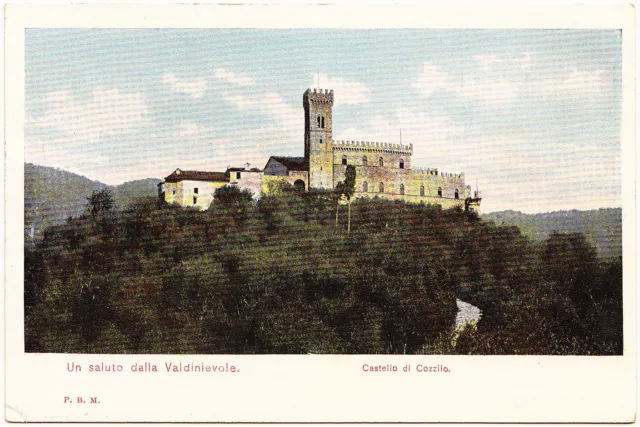 Cartolina Saluto dalla Valdinievole - Castello di Cozzile P.B.M. inizi XX sec.