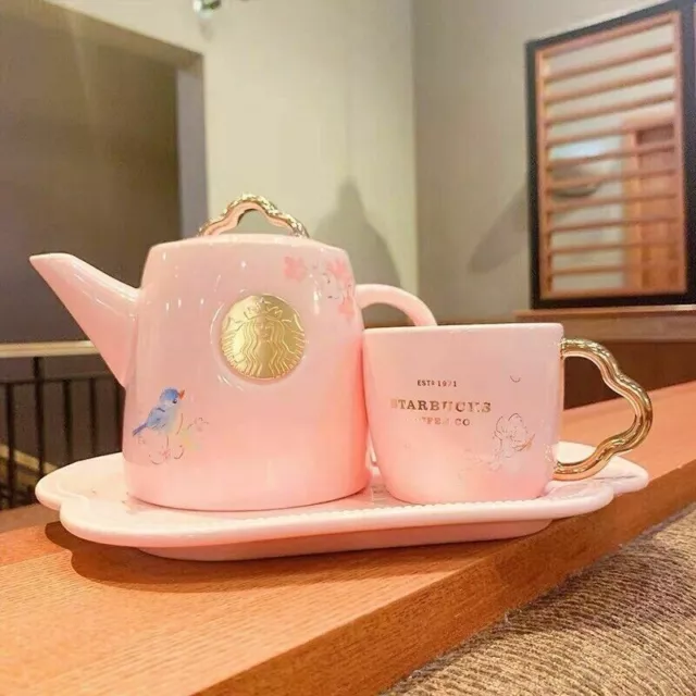 2022 Hot Starbucks China Pink Sakura Birds Teapot Coffee Mugs Tea Tray Set Gifts