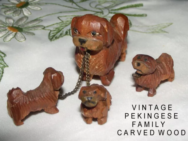 * Collectors VINTAGE * MINIATURE 4 piece PEKINGESE Family * Carved WOOD *