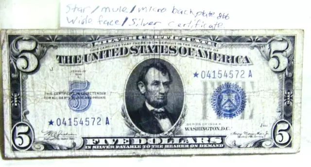 1934a $5 Silver Certificate/Wide face/Mule/Star/Micro Back plate#866