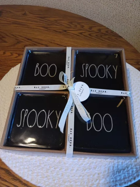 Rae Dunn set of 4 Halloween Ceramic Coasters Boo & Spooky!