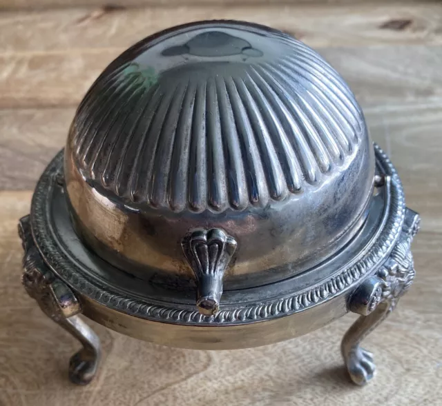 Vintage Silver Plated Lion Head Claw Foot Domed Flip Top Caviar Butter Dish