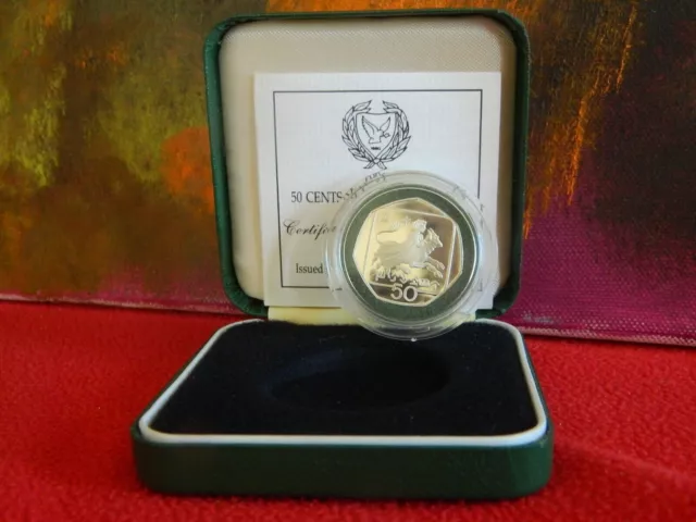 Chypre, 1991, 50 cents, pièce de preuve en argent .925, boîte d'origine...