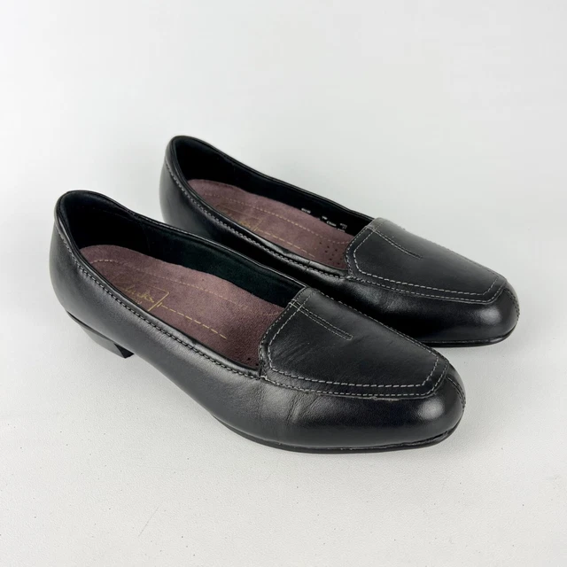 Clarks Timeless Womens Comfort Shoes Black Leather Slip On Loafers 7W Wide
