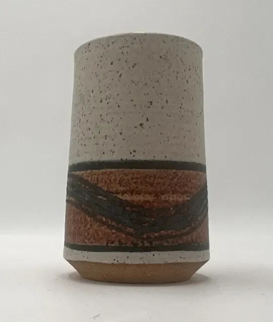 Studio Pottery Thrown Vase Mug Wide Base Earth Tones Abstract Textured Signed