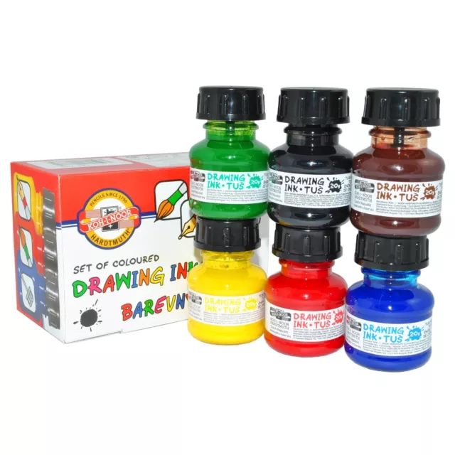 Set Of 6 Koh-I-Noor Artist Drawing Inks For Dip Pen Or Brush Inc Red Black Brown
