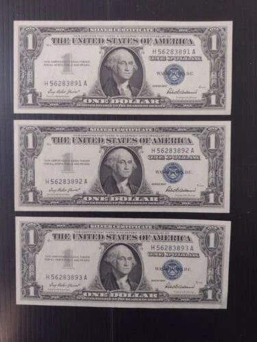 1957 $1 Silver Certificates(3), Sequential R-A Serial #'s!, All Crisp & Clean!