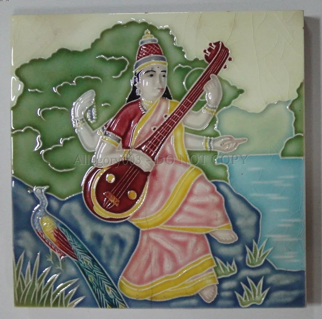 Majolica Tile GODDESS SARASWATI PEACOCK 6in x 6in Japan (51936)
