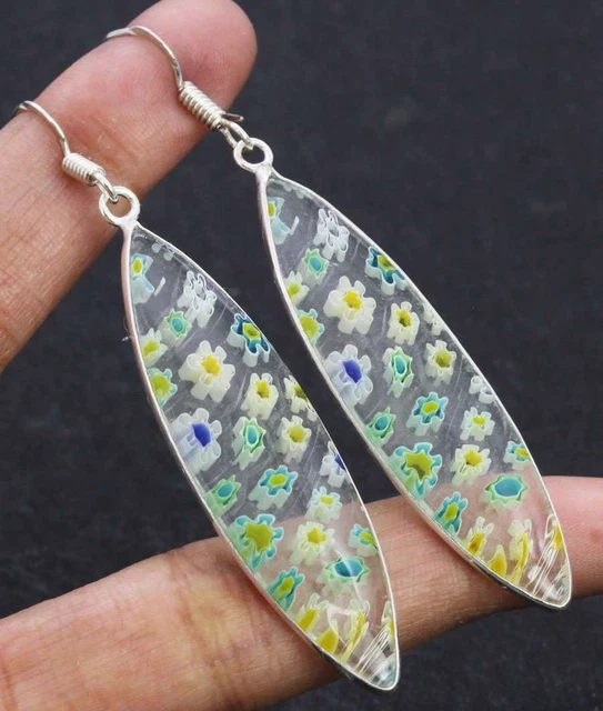 Dichroic Glass 925 Silver Plated Handmade Earrings of 2.5" Ethnic Gift