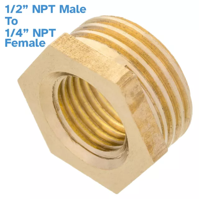 Brass 1/2" NPT Male To 1/4" NPT Female Pipe Reducer Low Profile Threaded Adapter