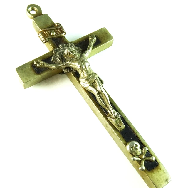 Vintage Pectoral Crucifix Pendant Black Wood Inlay Skull and Bones Sacred Heart