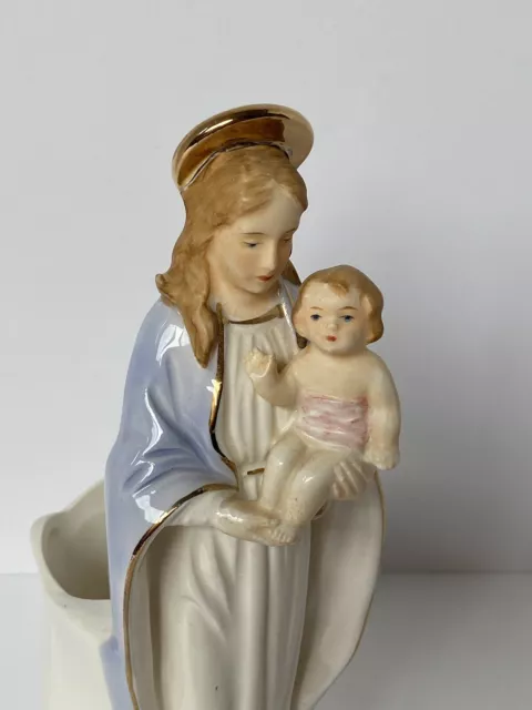 Vintage Artmark Japan Standing Mary Madonna & Baby Jesus Vase Planter Blue White 2