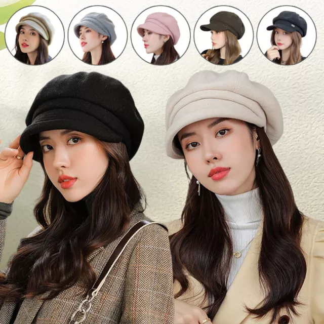 Women Winter Warm Newsboy Cap Cashmere Peaked Octagonal Cap Black Beret Hat